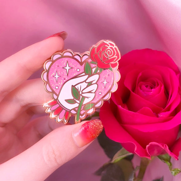Hand Holding Rose Enamel Pin